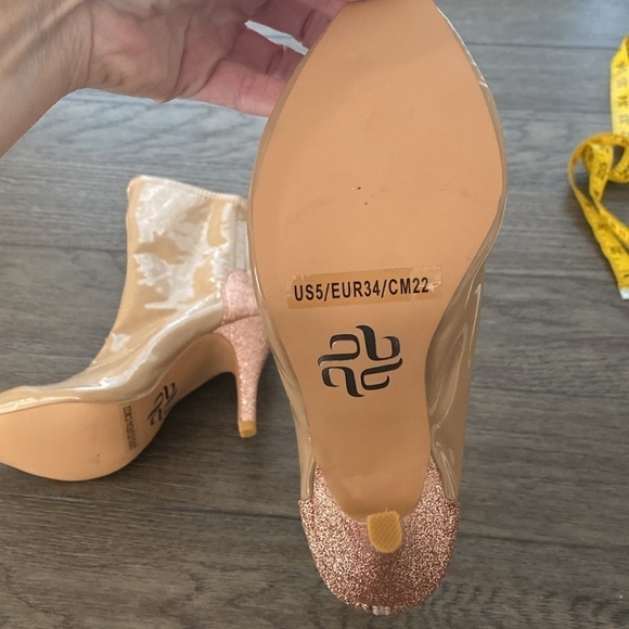 NWT BURJU Tan Patent Leather Pointed Toe Rose Gold Sparkly Heel Booties | 5 - Picture 5 of 12